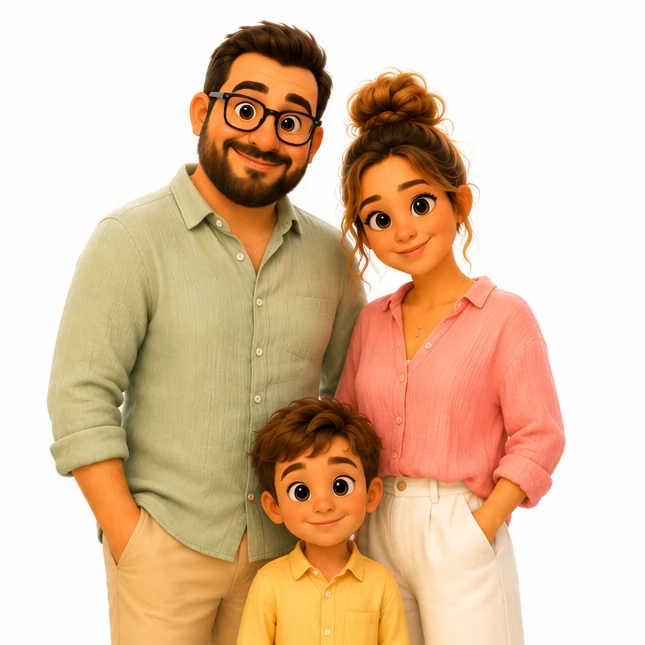 Le même couple et leur fils transformés en personnages illustrés