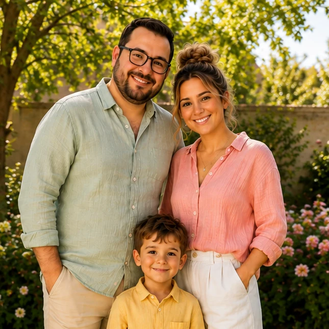 Photo d'un couple et de leur fils dans un jardin