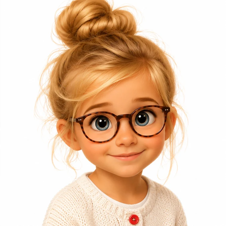 La même petite fille transformée en personnage illustré, avec ses lunettes et son chignon