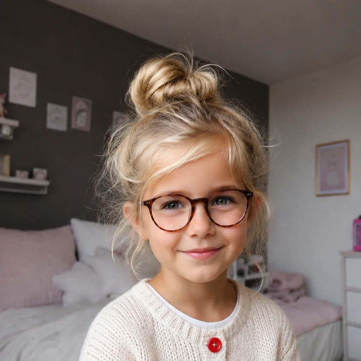 Photo d'une petite fille blonde à lunettes, portrait envoyé par ses parents