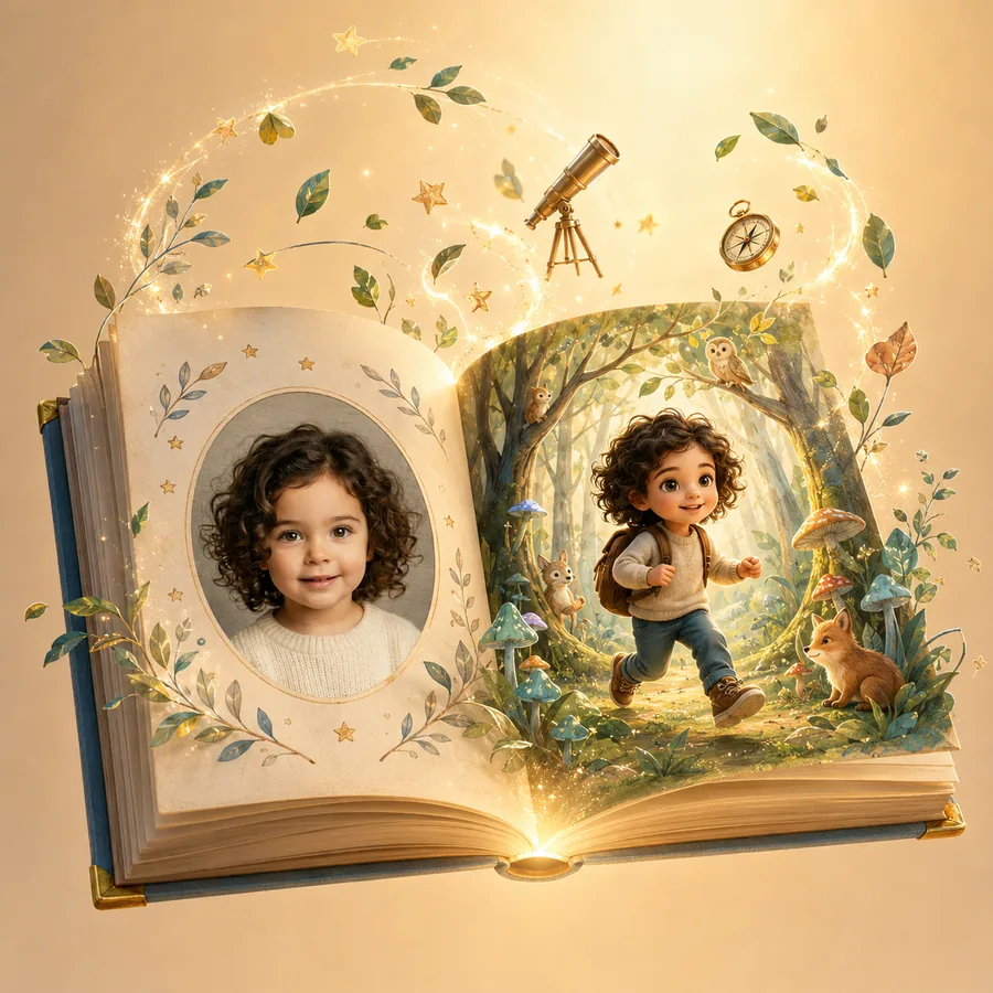 Le livre ouvert du même enfant : son portrait à gauche, son personnage illustré dans l'histoire à droite