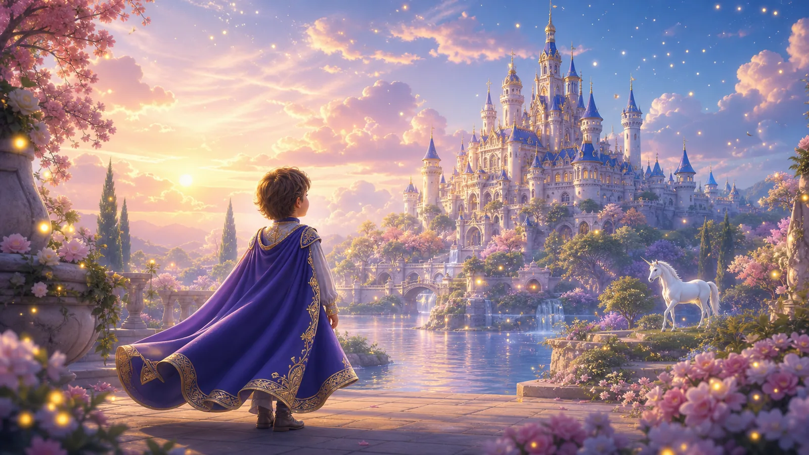 Enfant et licorne devant un château enchanté