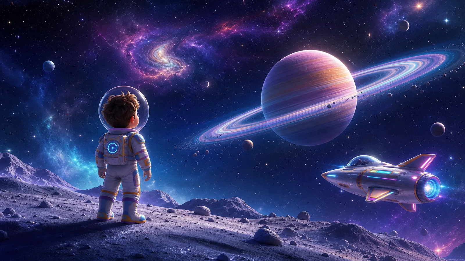 Enfant astronaute au cœur d’un univers étoilé