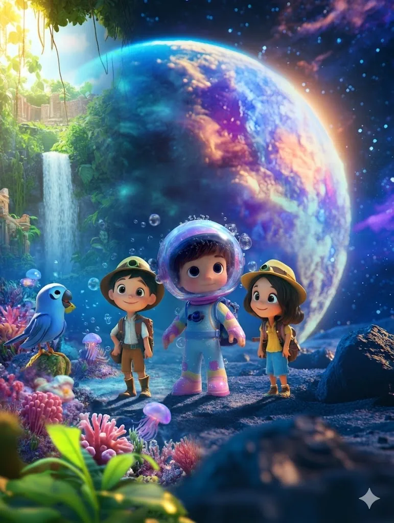 Trois enfants héros réunis : exploratrice, explorateur et astronaute