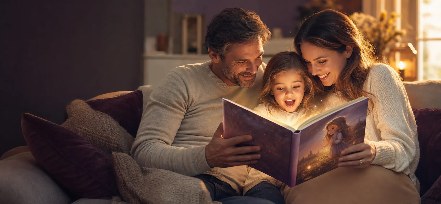 Un enfant découvre son livre personnalisé avec ses parents