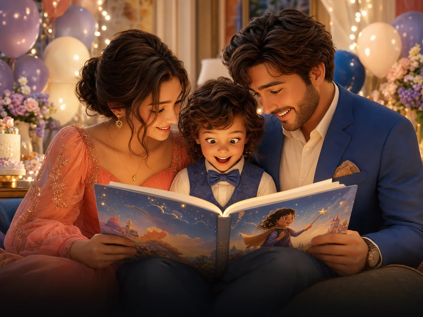 Un enfant découvre son livre d’anniversaire personnalisé avec ses parents