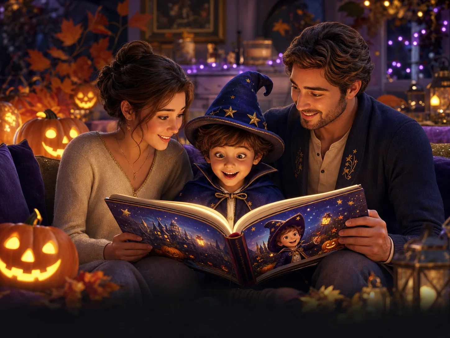 Une famille découvre un livre personnalisé d’Halloween avec son enfant
