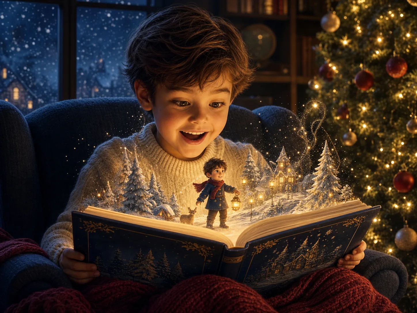 Un enfant émerveillé se reconnaît dans son livre de Noël personnalisé