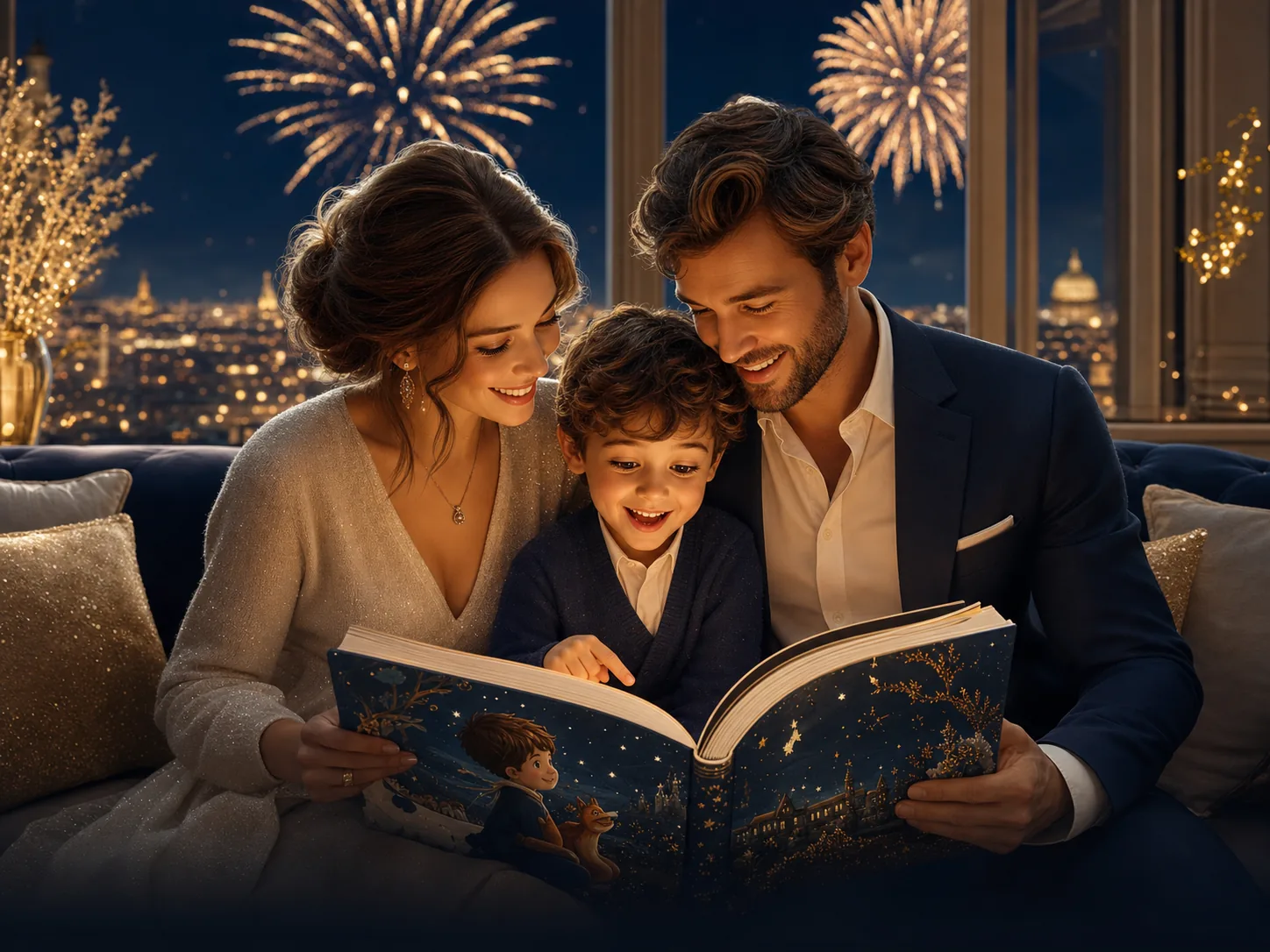 Une famille découvre le livre personnalisé de son enfant pendant le Nouvel An