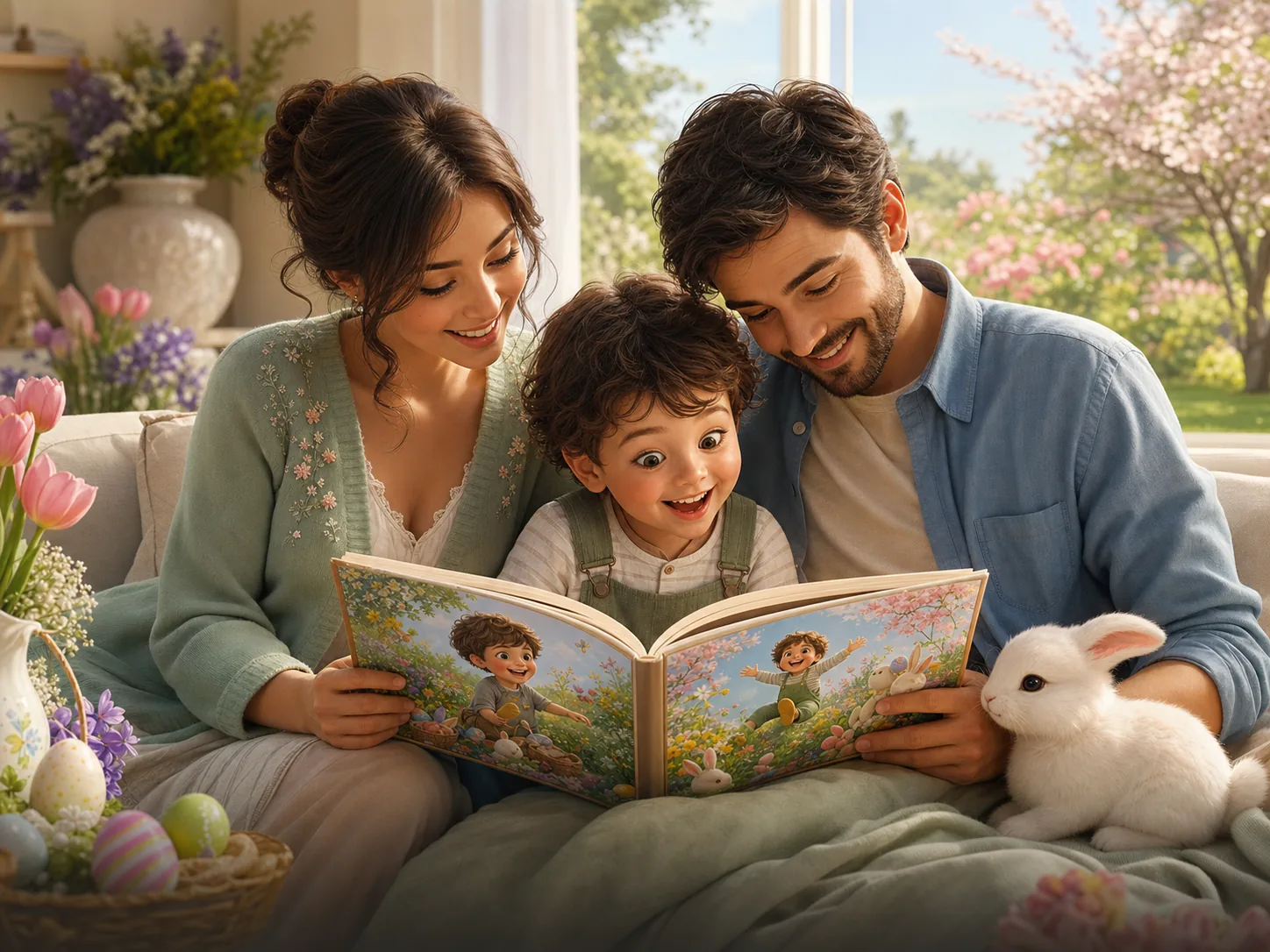 Une famille découvre le livre personnalisé de Pâques de son enfant