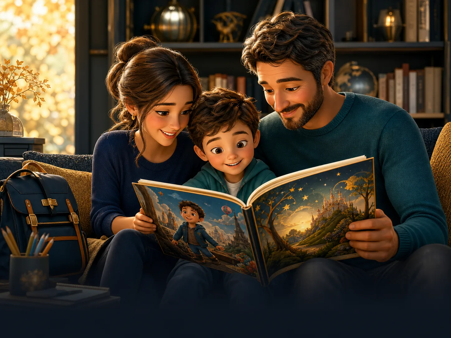 Des parents lisent avec leur enfant son livre personnalisé pour la rentrée